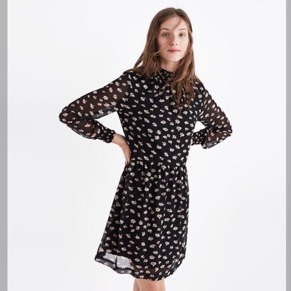 Madewell Mistlight Black Floral Print Mock Neck Dress Size XXS